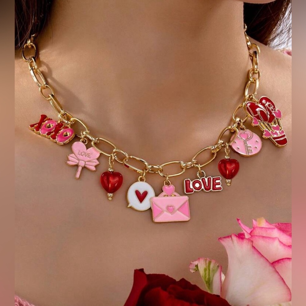 Gold and Pink Charm Necklace